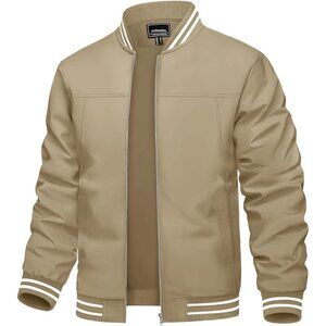 🆕Men's Khaki Bomber Lightweight Casual Spring Fall Windbreaker Zip Up Jacket